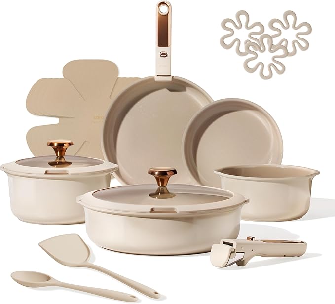 CAROTE 18Pcs Ceramic Cookware Set with Detachable Handle, Pots and Pans Set Non Stick, Non Toxic Cookware Set Removable Handles, Induction Kitchen Cookware Sets, Dishwasher/Oven Safe