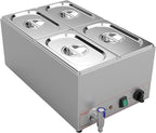 Valgus Commercial Stainless Steel 4 Sections Bain Marie Food Warmer 16 Qt Buffet Server with Lid and Tap for Home, Catering, Restaurants