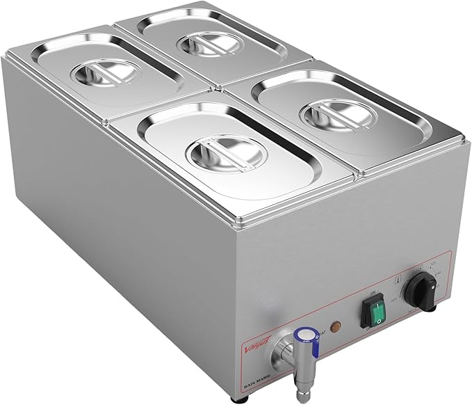 Valgus Commercial Stainless Steel 4 Sections Bain Marie Food Warmer 16 Qt Buffet Server with Lid and Tap for Home, Catering, Restaurants