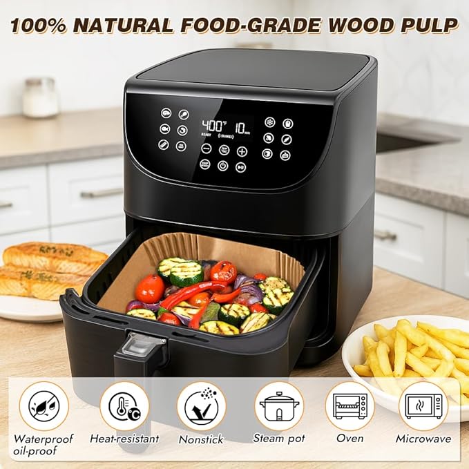 BYKITCHEN Perforated Air Fryer Liners for Ninja Pro AF141/AF181, Chefman, Instant Vortex, Cosori&5-8 QT Airfryer, 100PCS 9 Inch Disposable Air Fryer Parchment Paper Sheet Filters, Airfryer Accessories