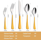 20-Piece Yellow Silverware Set 18/0 Stainless Steel Silverware Set Yellow Handle Cutlery Set Service for 4 Dinner Knives Forks Spoons Set Flatware Set Finish Dishwasher Safe