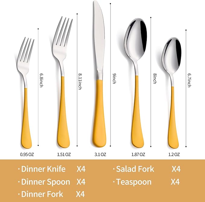 20-Piece Yellow Silverware Set 18/0 Stainless Steel Silverware Set Yellow Handle Cutlery Set Service for 4 Dinner Knives Forks Spoons Set Flatware Set Finish Dishwasher Safe