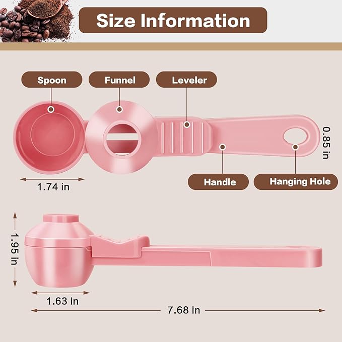 2-in-1 Coffee Scoop with Funnel, 2 Teaspoon Measuring Spoon for Reusable K Cups, Ground Coffee, Protein Powder & Tea, Mess-Free Plastic Design (Pink)