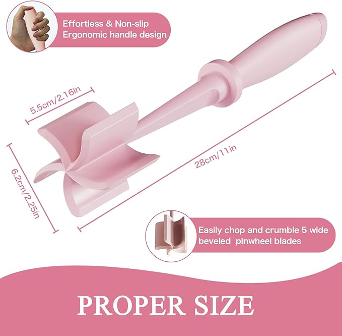 Meat Chopper, 5 Curve Blades Ground Beef Masher, Heat Resistant Meat Masher Tool for Hamburger Meat, Ground Beef, Turkey and More, Nylon Hamburger Chopper Utensil Non-scratch Utensils-Pink