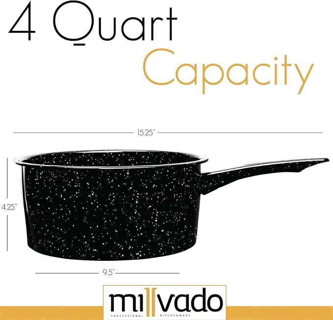 4 Quart Granite Saucepan, Naturally Nonstick Sauce Pots, Speckled Enamel Ware Cookware, Small Sauce Pan for Cooking and Boiling - Granite Cooking Pot for Stovetop, Campfire, Outdoor Stove