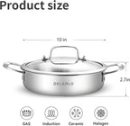 DELARLO Tri-Ply Stainless Steel 3QT Saute Pan With Lid, 12 Inch Deep Frying Pan, Induction Large Skillet, Cooker Pan, Dishwasher & Oven Safe