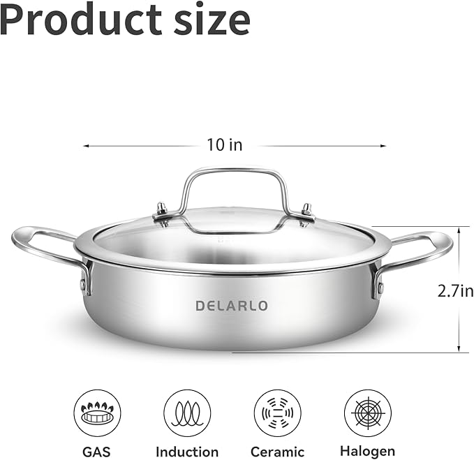DELARLO Tri-Ply Stainless Steel 3QT Saute Pan With Lid, 12 Inch Deep Frying Pan, Induction Large Skillet, Cooker Pan, Dishwasher & Oven Safe