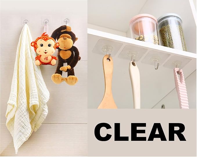 Adhesive Hooks, 20 Packs, 33lbs/15kg Premium Heavy Duty Wall Ceiling Hooks for Hanging, Damage Free, Clear Sticky Hanger for Kitchen, Bathroom Shower Outdoor Use.