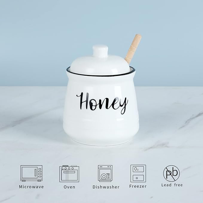 HAOTOP Farmhouse Porcelain Honey Jar with Dipper and Lid Set 12oz,Easy to Clean (White)