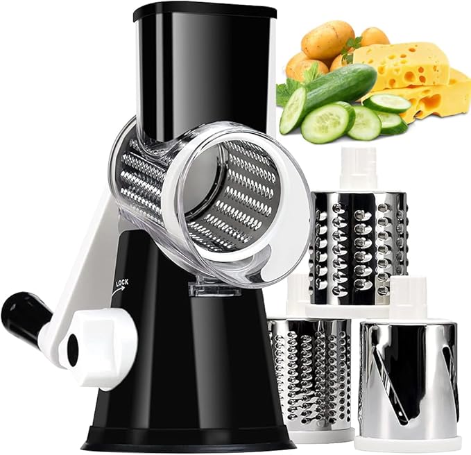 KEOUKE Rotary Cheese Grater Hand Crank Black - Shredder Slicer Grinder 3 Stainless Steel Blades, Stable Suction, Labor-Saving Handle, Safe Kitchen Tool for Cheese, Vegetable, Nuts, Chocolate