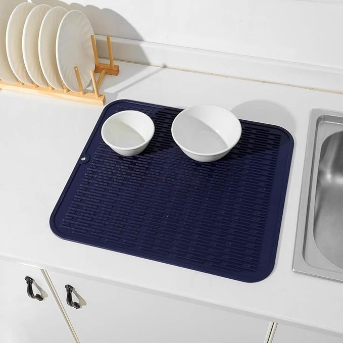 Silicone Dish Drying Mat for Multiple Usage,Easy clean,Eco-friendly,Heat-resistant Silicone Mat for Kitchen Counter or Sink,Refrigerator or Drawer Liner Navy Blue 2XL 24 inches x 18 inches