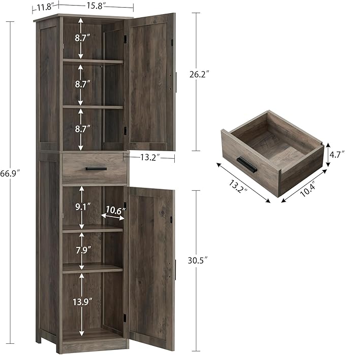 WEENFON Tall Storage Cabinet, Bathroom Cabinet with 6 Shelves & Drawer, Narrow Storage Cabinet with Adjustable Shelves, Tall Cabinet for Living Room, Home Office, Dark Oak