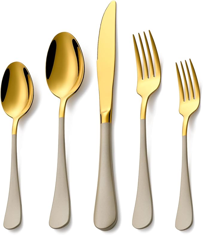 20 Piece Gold and Grey 18/0 Flatware Utensil Set for 4, Include Dinner Knife,Dinner Forks,Dinner Spoons,Salad Forks,Teaspoons,Silverware Set for 4, Dishwasher Safe