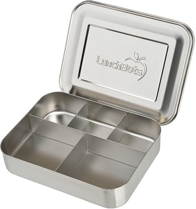 LunchBots Large Cinco Stainless Steel Lunch Container - Five Section Design Holds a Variety of Foods - Metal Bento Box - Dishwasher Safe - Stainless Lid
