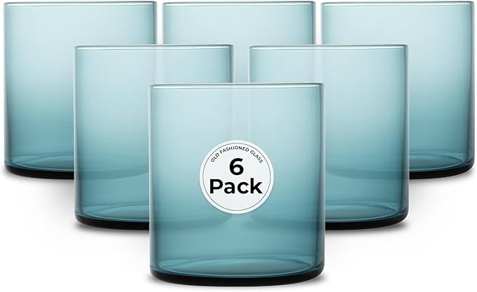Restaurantware-Vetri 10 Ounce Old Fashioned Glasses, 6 Dishwashable Whiskey Glasses - No-Lead, Durable, Blue Glass Tumblers For Scotch, For Drinking Liquor, Cocktail, Bourbon, Cognac, And More