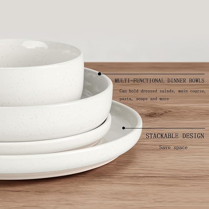 HaWare 16-Piece Plates and Bowls Set for 4, Stoneware Dinnerware Sets with Pasta Bowl, Dishes Set for Home Restaurant, Speckled Milky White