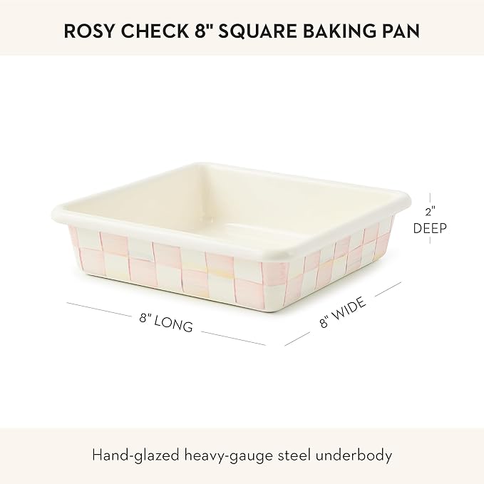 MACKENZIE-CHILDS Enamel Square Baking Pan for Oven, Square Oven Pan, 8", Pink-and-White Rosy Check