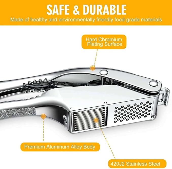 3-in-1 Stainless Steel Garlic Press & Peeler Machine - Professional Garlic Mincer, Crusher, and Chopper with Silicone Peeler & Brush - Essential Kitchen Gadget for Perfectly Minced Garlic