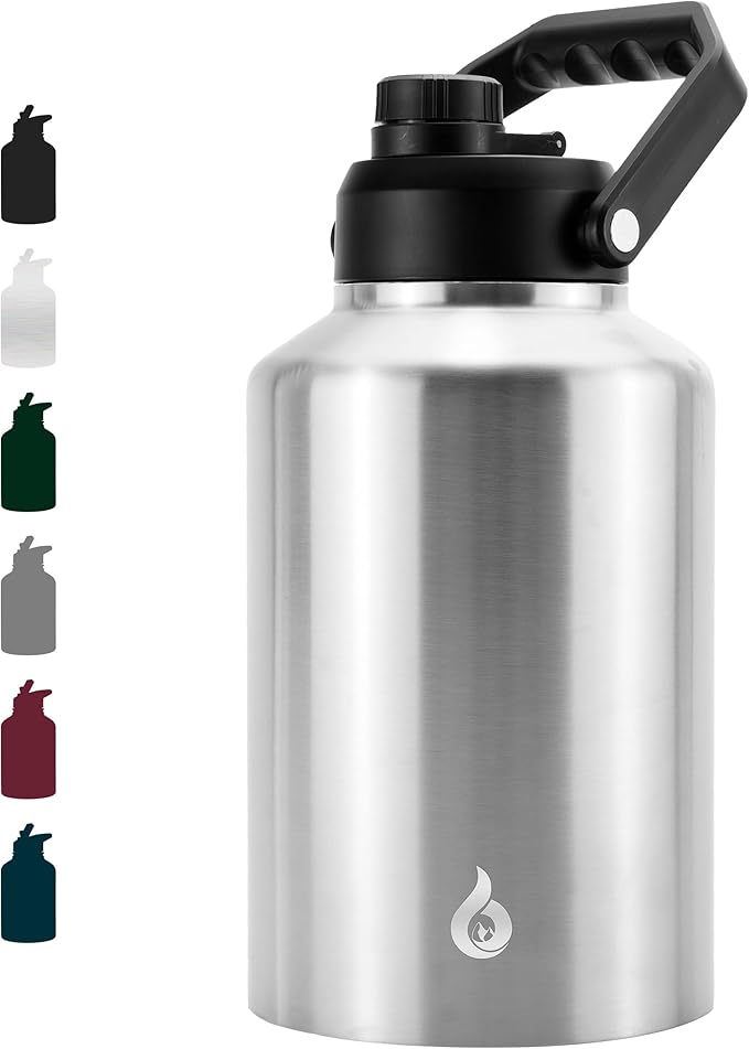 BJPKPK One Gallon(128 oz) Insulated Water Bottle, Dishwasher Safe Stainless Steel Thermos, BPA Free Jug with Ergonomic Handle & Anti-slip Bottom, Large Water Bottle,Stainless Steel