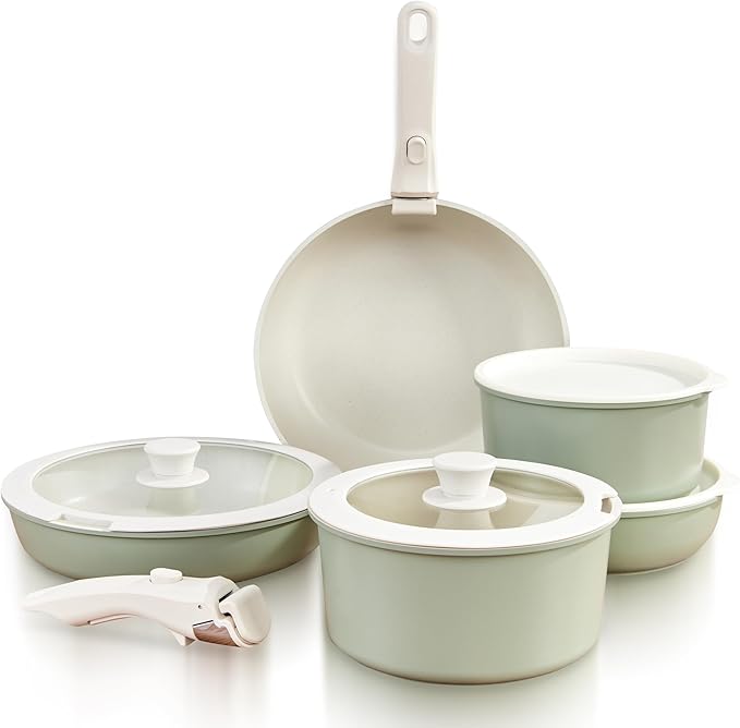 GOURMETIFIC® Pots and Pans Cookware Set [11 PIECES] - Non Toxic Ceramic Coated Cooking Ware - Induction, Gas & Oven Kitchenware - Non Stick Pot & Pan with Removable Handles & Stackable (Mint Green)