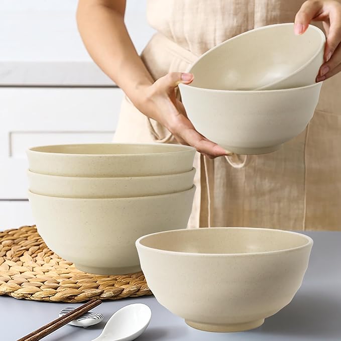 Wheat Straw Bowls 60 OZ Large Salad Bowl Set of 6, Microwave and Dishwasher Safe Plastic Serving Bowls, Unbreakable Kitchen Bowl, Big Bowls for Eating, Soup, Popcorn and Ramen (Beige)