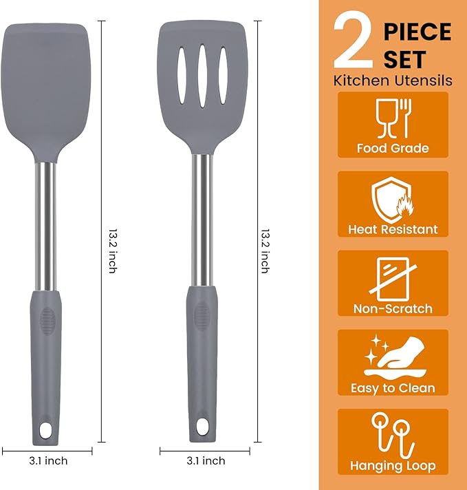Silicone Spatulas Turners, Solid & Slotted Silicone Spatula Set, Non Stick Turners,Ailsoes Heat Resistant BPA Free Rubber Spatulas for Fish, Eggs, Pancakes, WOK，2 Pack (Gray)