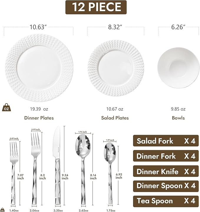KINGSTONE 12-piece Bone China Dinnerware Set and 20-piece silverware, White Lightweight Porcelain for 4, Plates, Bowls with matching flatware, Microwave and Dishwasher Safe, for Family, Gifting