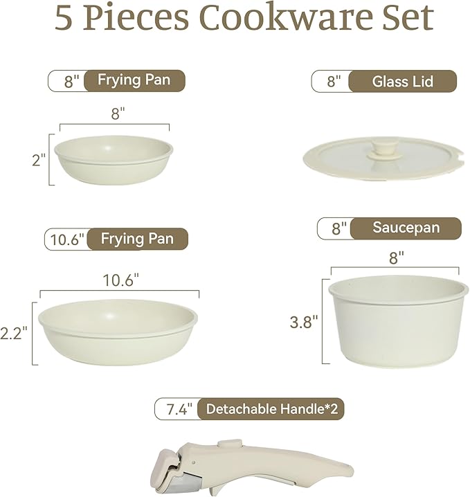 5PCS Pots and Pans Set Non Stick, Kitchen Cookware Sets with Detachable Handle, Induction Cookware Sets, Non Stick RV Cookware Cooking Set, Dishwasher ＆ Oven Safe, PFOA Free, Cream White