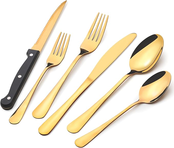 48-Pack Gold Silverware Set with Steak Knives, Stainless Steel Tableware Cutlery Spoons Forks Kit, For Buffet Kitchen Restaurant Hotel, Kitchen Flatware Utensils Set, Mirror Polished