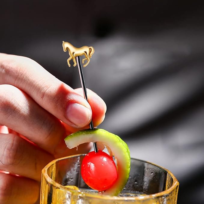 RRRuo Horse Cocktail Reusable Picks Martini Picks Fruit Toothpicks for Appetizers Olives Brandied Cherries Skewers 8 pieces (Gold)