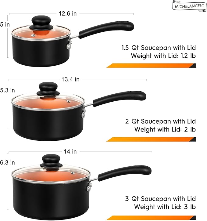 MICHELANGELO Ceramic Saucepan Set 1.5QT & 2QT & 3QT Nonstick Sauce Pans, PFAS-FREE Saucepan with Lid, Copper Saucepans Set of 3, Multipurpose Small Sauce Pot, Non Stick Sauce Pots, Dishwasher Safe