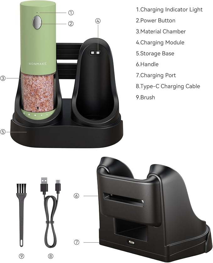 Electric Salt and Pepper Grinder Set - Automatic Refillable Salt and Pepper Grinders with Charging Base & LED Light, 6-Level Adjustable Coarseness with External Dial, Ideal Kitchen Gadget，Green