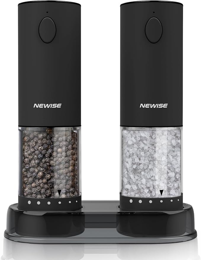 Electric Salt and Pepper Grinder Set, Gifts for Mom Wife, Rechargeable with LED Lights, Stainless Steel Automatic Pepper & Salt Mill, Adjustable Coarseness, Large Capacity, Black