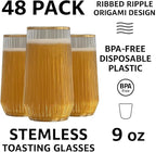48 Pack Ribbed Ripple Stemless Toasting Glasses, Origami Durable 9 Oz BPA-Free Disposable Plastic Champagne Flutes for Weddings, Bars, Events, and Celebrations (Gold Rim)