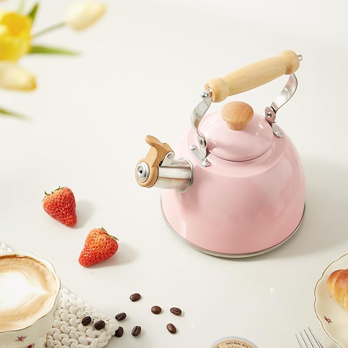 ROCKURWOK Tea Kettle, Tea Pot with Cool Touch Ergonomic Handle, Teapot Food Grade Stainless Steel, Tea Kettle Stovetop, Kettle Teapot, Whistling Tea Kettles, Small Tea Pot, 1.6 Quart (Pink)