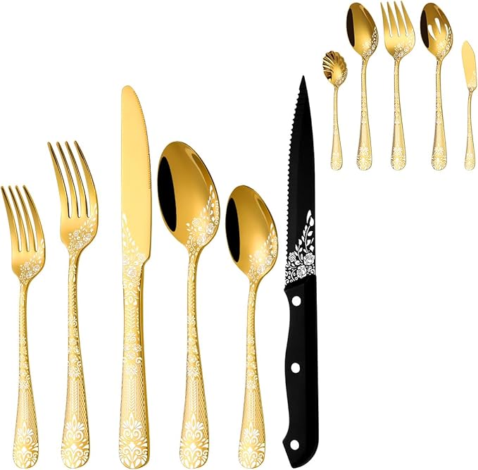 EUIRIO 53-Piece Gold Silverware Set with Serving Utensils, Gold Flatware Set for 8, Stainless Steel Mirror Cutlery Set, Spoons Forks Knives with Unique Floral Laser, Tableware Set, Dishwasher Safe