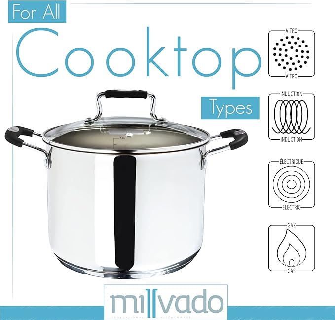 Stock Pot, 8.4 Quart Stainless Steel, Large StockPot With Clear Glass Lid, Steam Hole, Permanent Measurement Markings, Gas, Electric and Induction Compatible Boiling Pot