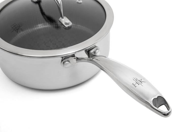 Hell's Kitchen Hybrid 2.5 Qt Saucepan and lid, Tri-Clad Stainless Steel and Nonstick Ceramic, PFAS Free, no PFOA, no PTFE, no Teflon, Non Toxic Cookware, Metal Utensil Safe, All Cooktops and Oven Safe