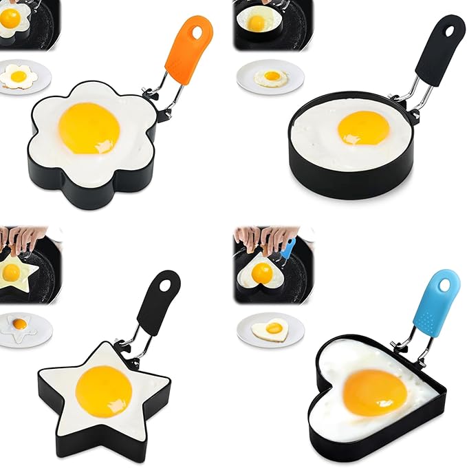 4 Pack Egg Poachers Rings, Stainless Steel Egg Cooking Rings, Round Pancake Mold for Frying Eggs, Omelet and Muffins, Non-stick Fried Egg Mold Ring, 4 Shapes