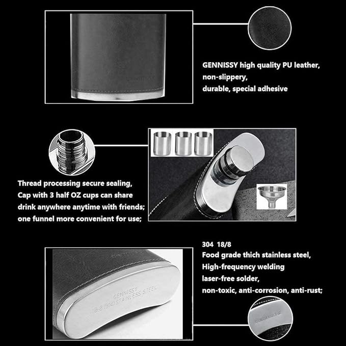 GENNISSY 18/8 Stainless Steel 8oz Flask - Americal Flag Black Leather with 3 Cups and Funnel 100% Leak Proof(Black Without US Flag)