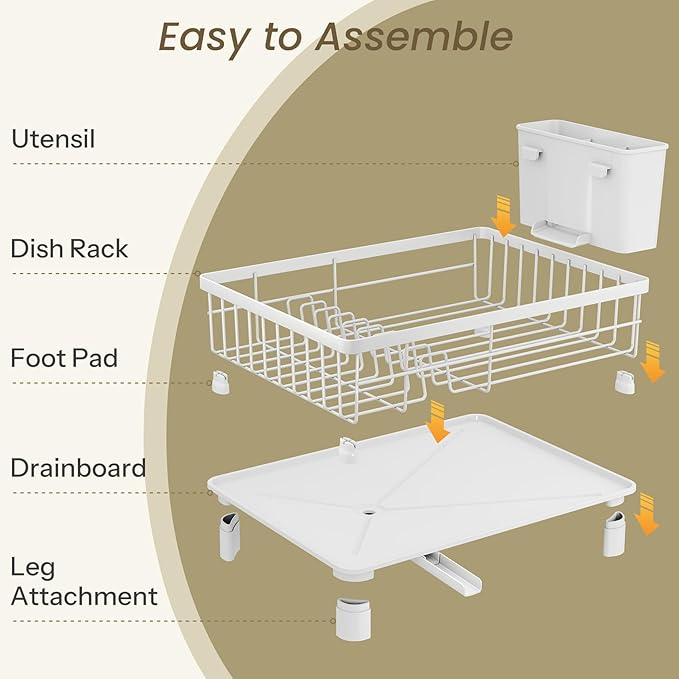 Dish Drying Rack - Small Dish Rack for Kitchen Counter, Stainless Steel Dish Drainer with Utensil Holder and Drainboard (White)
