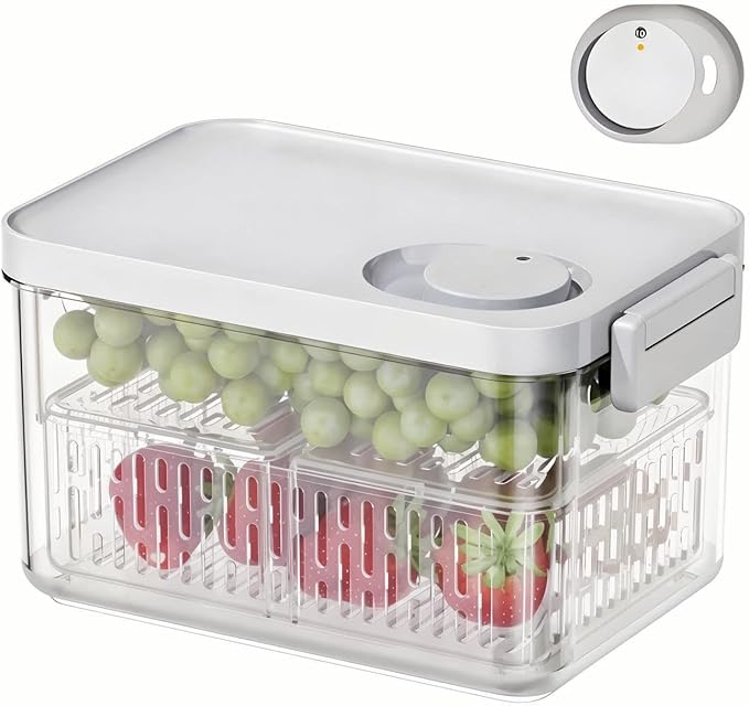 vacane Clear Fruit Containers for Fridge with Timing Knob, Produce Saver with Lids & Colanders, Dishwasher Safe Berry Containers, Keep Vegetable Food Fresh