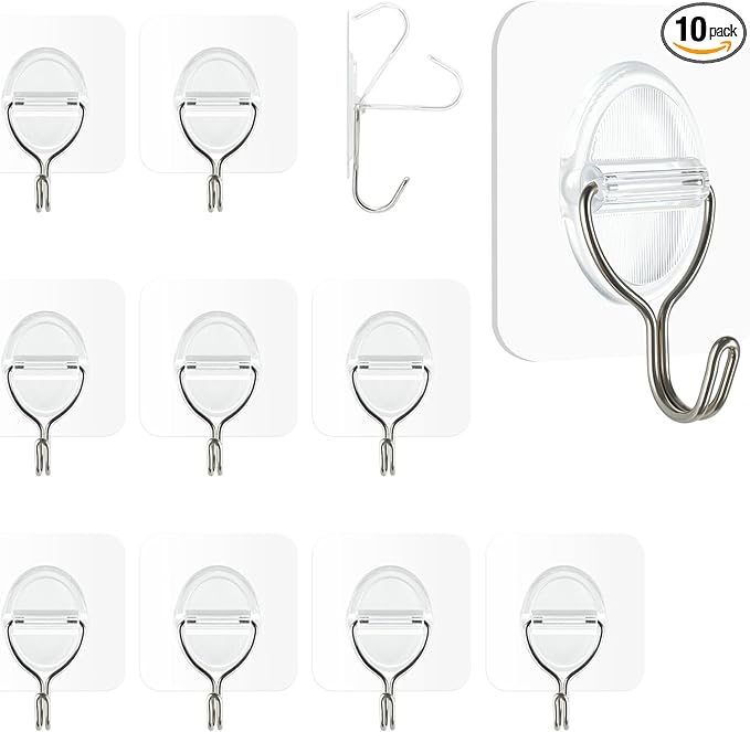 Adhesive Wall Hooks No Damage, Stick On Hooks for Hanging 10 Pack - Transparent Stainless Steel 5KG Heavy Duty, Waterproof Removable (5x5cm) Kitchen Bathroom Office, Ganchos para Pared (XL)
