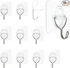 Adhesive Wall Hooks No Damage, Stick On Hooks for Hanging 10 Pack - Transparent Stainless Steel 5KG Heavy Duty, Waterproof Removable (5x5cm) Kitchen Bathroom Office, Ganchos para Pared (XL)