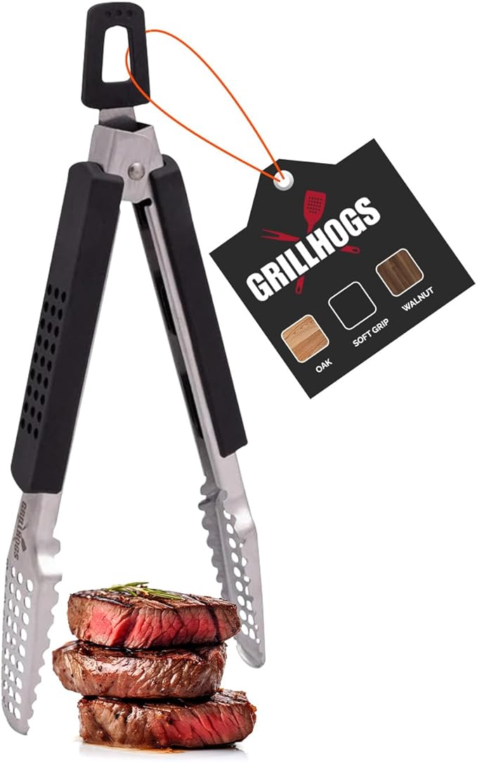 9" Long Stainless Steel BBQ Grill Tongs with Soft Grip Handle - 1 Pair, Black