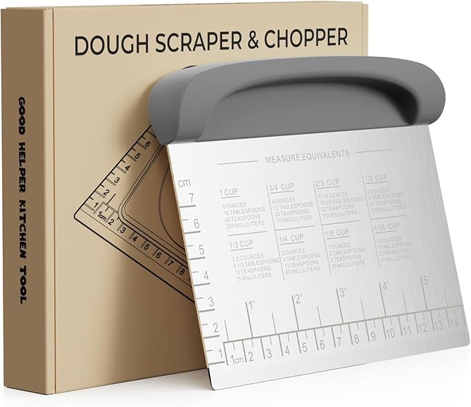 Bench Scraper Dough Cutter Tool - Pastry Scraper for Bread Cake Pizza, Bench Knife Kitchen Dough Scraper for Baking, Stainless Steel Food Scraper with Grip Handles & Measuring Scale, Grey