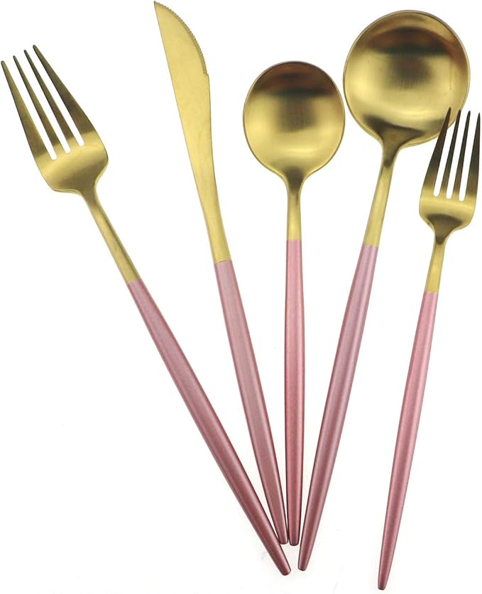 Gugrida Pink Gold Flatware, Royal 20 Piece Matte Pink Handle 18/10 Stainless Steel Tableware Sets for 4 Including Forks Spoons Knives, Camping Silverware Travel Utensils Set Cutlery (Pink Gold)