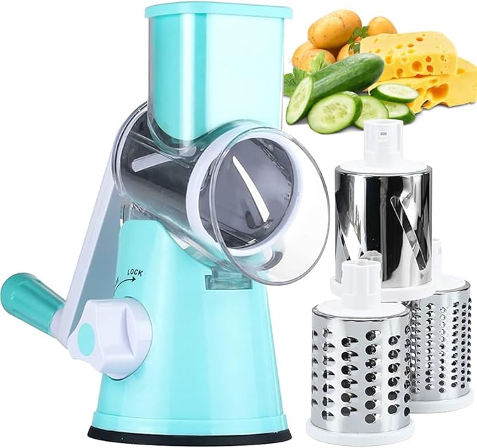 KEOUKE Rotary Cheese Grater Hand Crank Light Blue - Shredder Slicer Grinder 3 Stainless Steel Blades, Stable Suction, Labor-Saving Handle, Safe Kitchen Tool for Cheese, Vegetable, Nuts, Chocolate