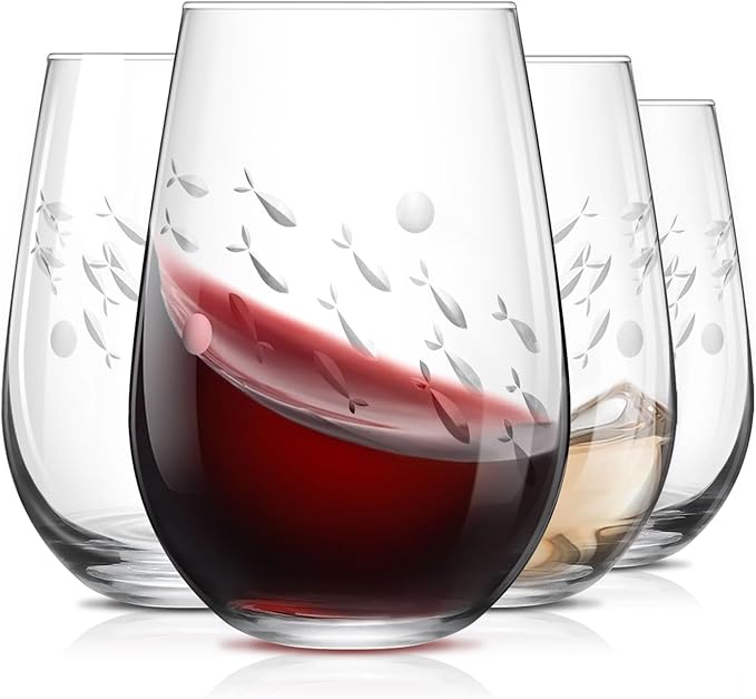 SHOSHIN Stemless Wine Glass, 18Oz Wine Glasses Set of 4, Hand Cut Premium Unique Wine Glasses, Crystal Wine Glass for Red and White Wine, Handmade Gifts for Women, Men and Friends