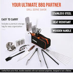 BBQ Accessories 24 in 1. Outdoor Grill Tools with Fork, Tong, Skewers, Digital Meat Thermometer - No Battery Included. Complete Grilling Tools kit with Portable Bag